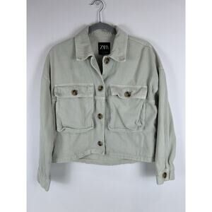 Zara Womens‎ Button Down Jean Jacket Mint Green Cotton Size Small